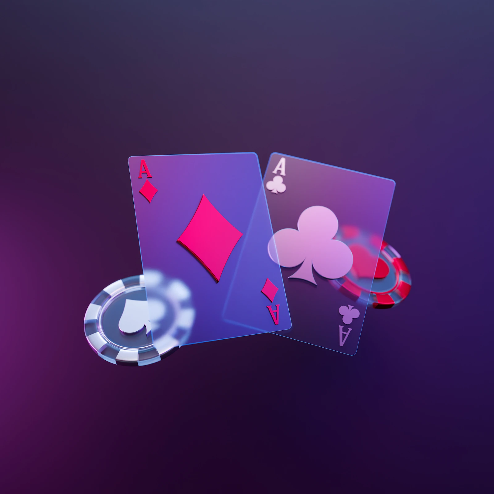 Cartas de juego y una ficha de casino sobre un fondo morado